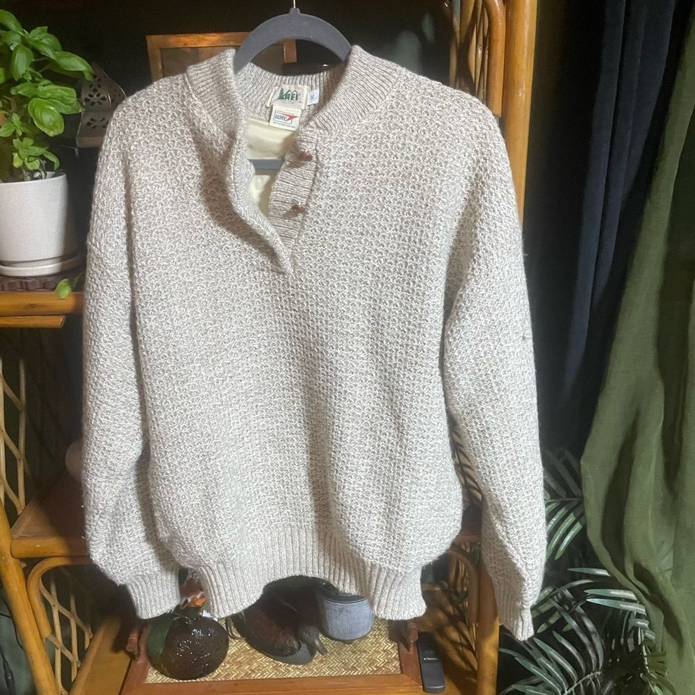 Vintage REI Sweater Mens XL Beige Gore Wool Blend Knit Lined Button Pullover